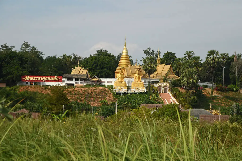 Wat Phra That Chom Sak mit goldenem Chedi und Figuren hinter grünen Feldern