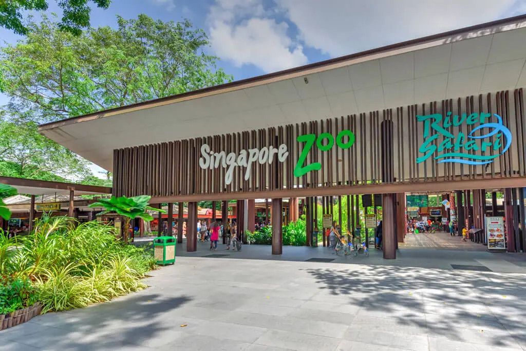 Eingang mit Holzgebäude, wo Singapore Zoo draufsteht umgeben von viel Grün