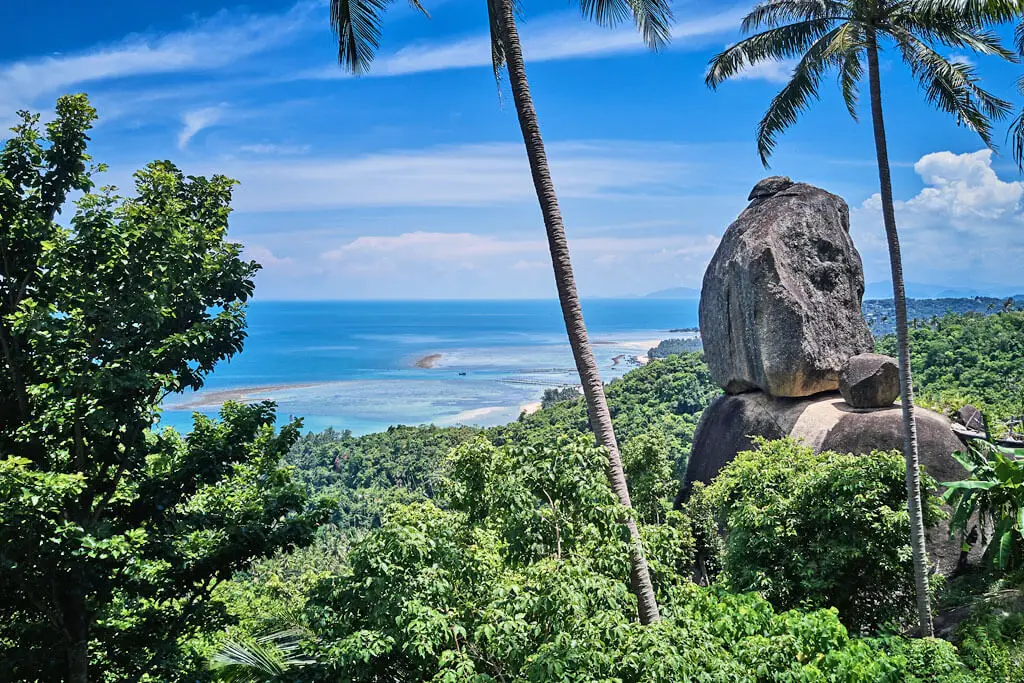 Ein großer, runder Felsen in grünem Dschungel, dahinter das blaue Meer