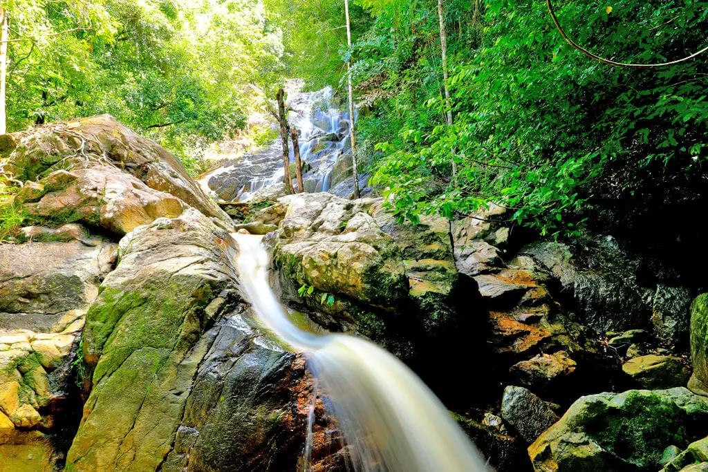 Wasser fließt über große Felsen hinab, die sich mitten im Regenwald befinden