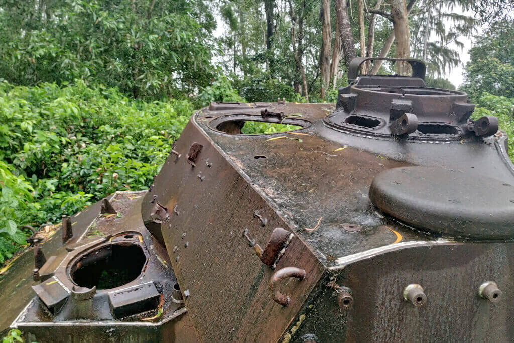 Wrack eines Kampfpanzer in grüner Vegetation