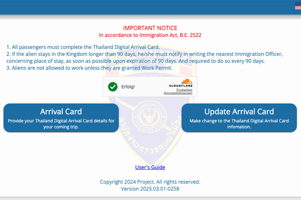 Screenshot der Website zur digitalen Einreisekarte