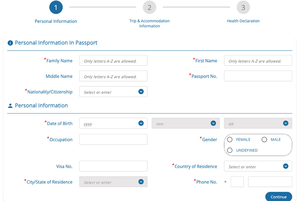 Digitale Einreisekarte für Thailand (TDAC) mit Fragen zu persönlichen Daten