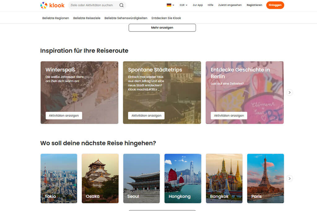 Screenshot der Klook-Website mit Vorschlägen zu Reiseorten und Inspiration für Aktivitäten