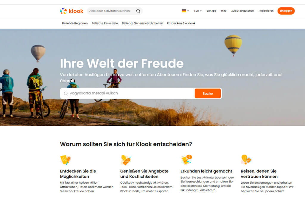 Screenshot von der Startseite von Klook mit Suchleiste