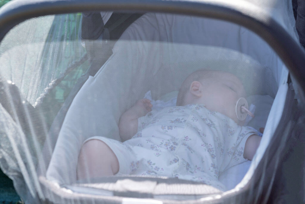 Ein Baby schläft in einem Kinderwagen unter einem Moskitonetz