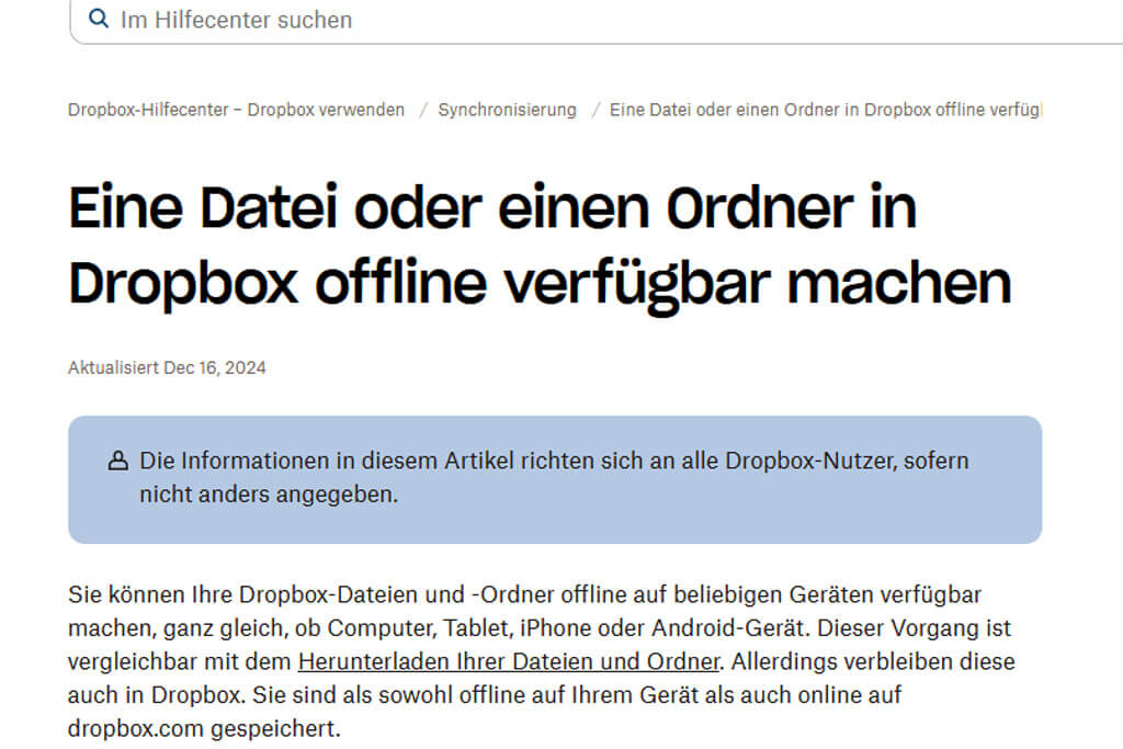 Screenshot von der Website von Dropbox.com mit Anleitung, wie man Dateien oder Ordner offline verfügbar macht