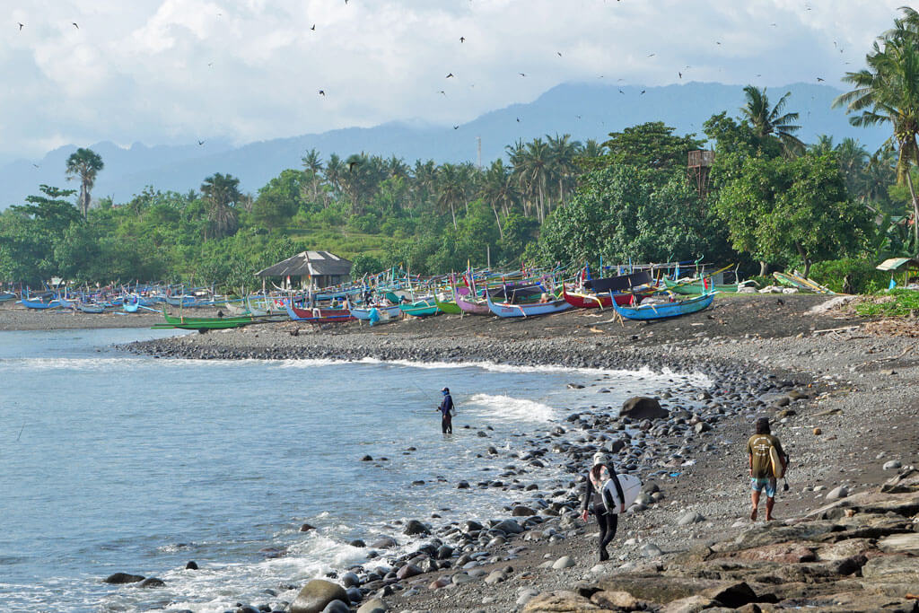 Surfer am schwarzen Sandstrand von Medewi auf Bali mit bunten Fischerbooten und grünen Palmen im Hintergrund