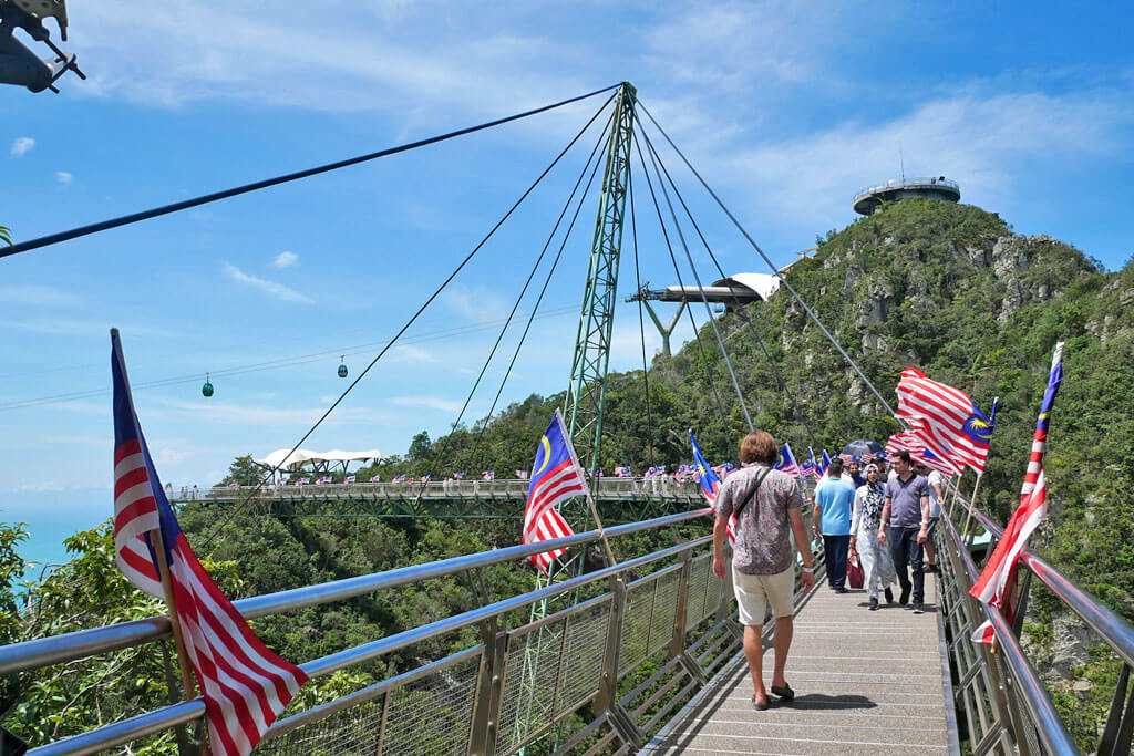 Touristen auf der SkyBridge auf Langkawi, Malaysia über Dschungelgrün und vor blauem Himmel