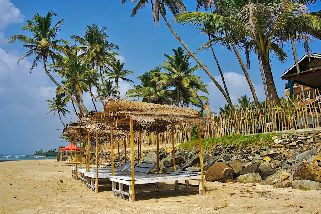 Ein Strandabschnitt mit Bambus-Liegen und Palmen