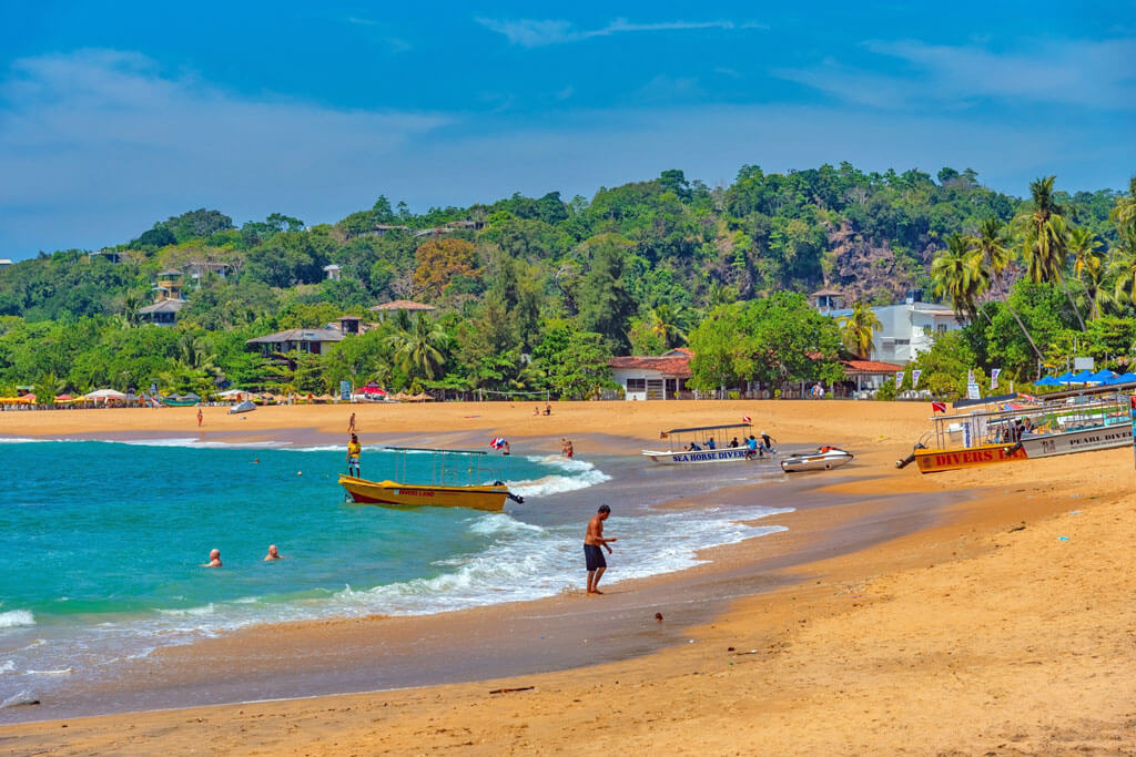 Ein gelber Strandabschnitt mit Palmen, Booten und Badegästen